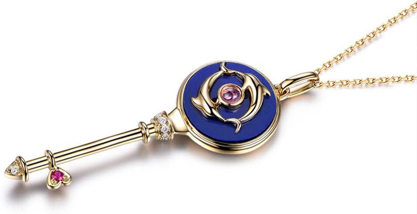 Lapis Lazuli Red Tourmaline Diamond Key Pendant Necklace Solid 14K Yellow Gold Unique Dolphin Lazurite