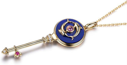 Lapis Lazuli Red Tourmaline Diamond Key Pendant Necklace Solid 14K Yellow Gold Unique Dolphin Lazurite
