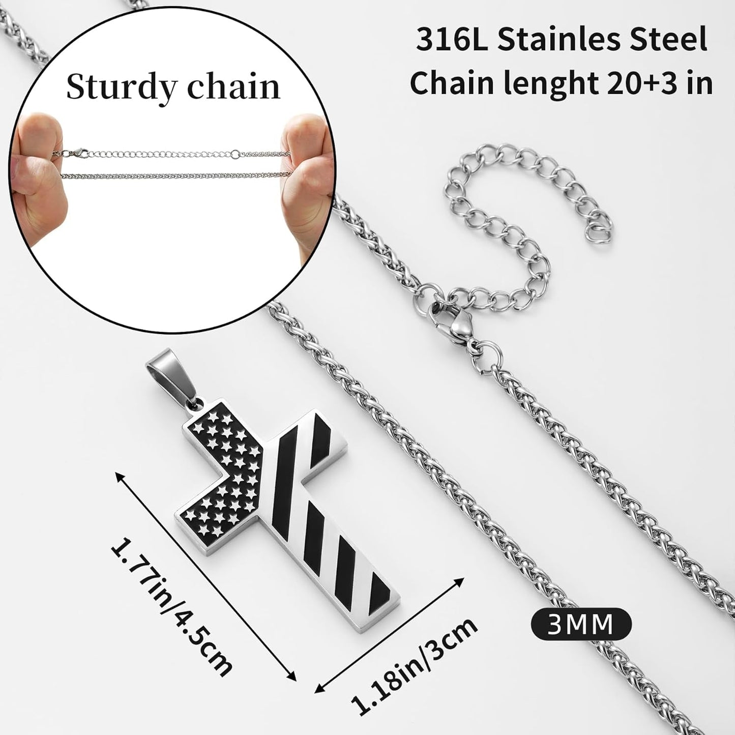 American Flag Cross Necklace Stainless Steel Bible Verse Pendant Men Military Religious Jewelry Gift 20+3 Inch Chain - WORLD TIME VISITS