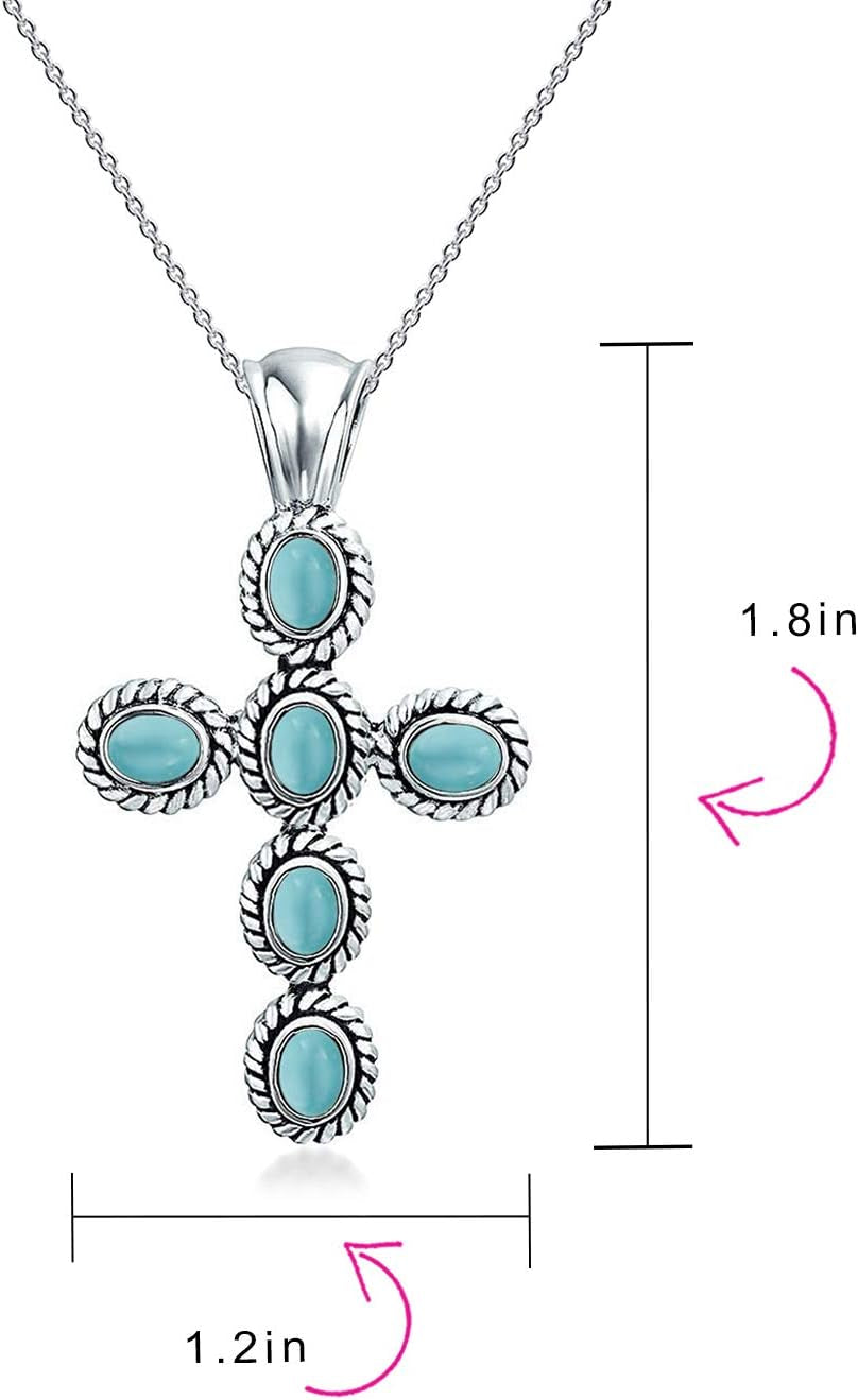 South Western Style Stabilized Turquoise Rope Bezel Set Cross Pendant Necklace for Women .925 Sterling Silver More Colors