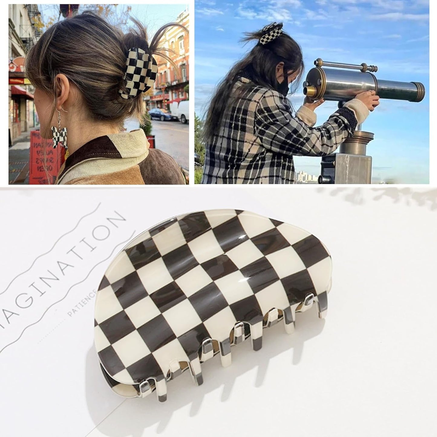Womens Checkered Hair Clip Medium Checkered Claw Clips Black and White Jaw Clip,3Pack