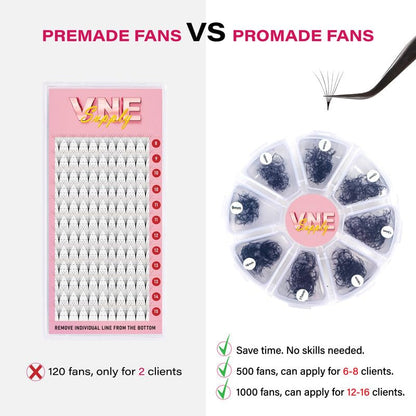VNE Eyelashes 1000 Fans Tray Volume Lash Extensions Mixed Length | Premade Fans Eyelash Extensions | Mega Lash Extension | Promades Eyelash Fans | 10D, D Curl, 9-16Mm