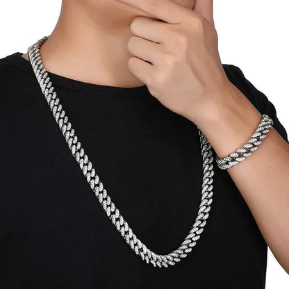 Men's Hip Hop Iced Out Paved Rhinestones 13MM Gold/Silver/Rose Gold Full Miami Curb Cuban Chain Bling Necklace Bracelet Set Jewelry Gifts
