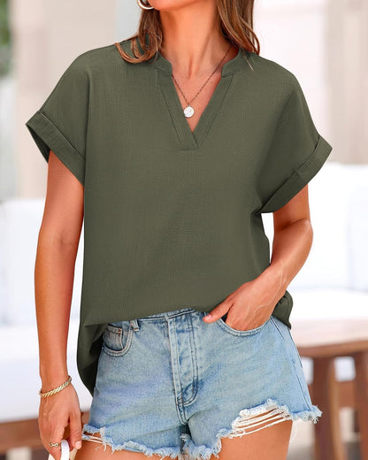 Womens Summer Tops 2025 V Neck Short Sleeve Tshirt Loose Flowy Tunics Solid Color Dressy Casual Blouse Shirts