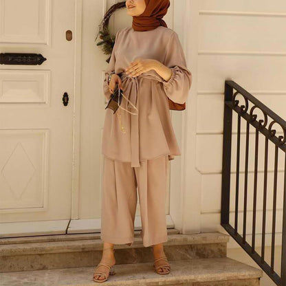 Abayas for Women Muslim Long Sleeve Loose Top Pants 2 Pcs Dubai Islamic Muslim Clothes