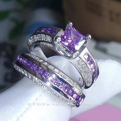 2Pcs/Set Princess Luxury 925 Silver Plated Amethyst CZ Gemstones Wedding Set Rings Size 6-11  (Choice Color and Size )