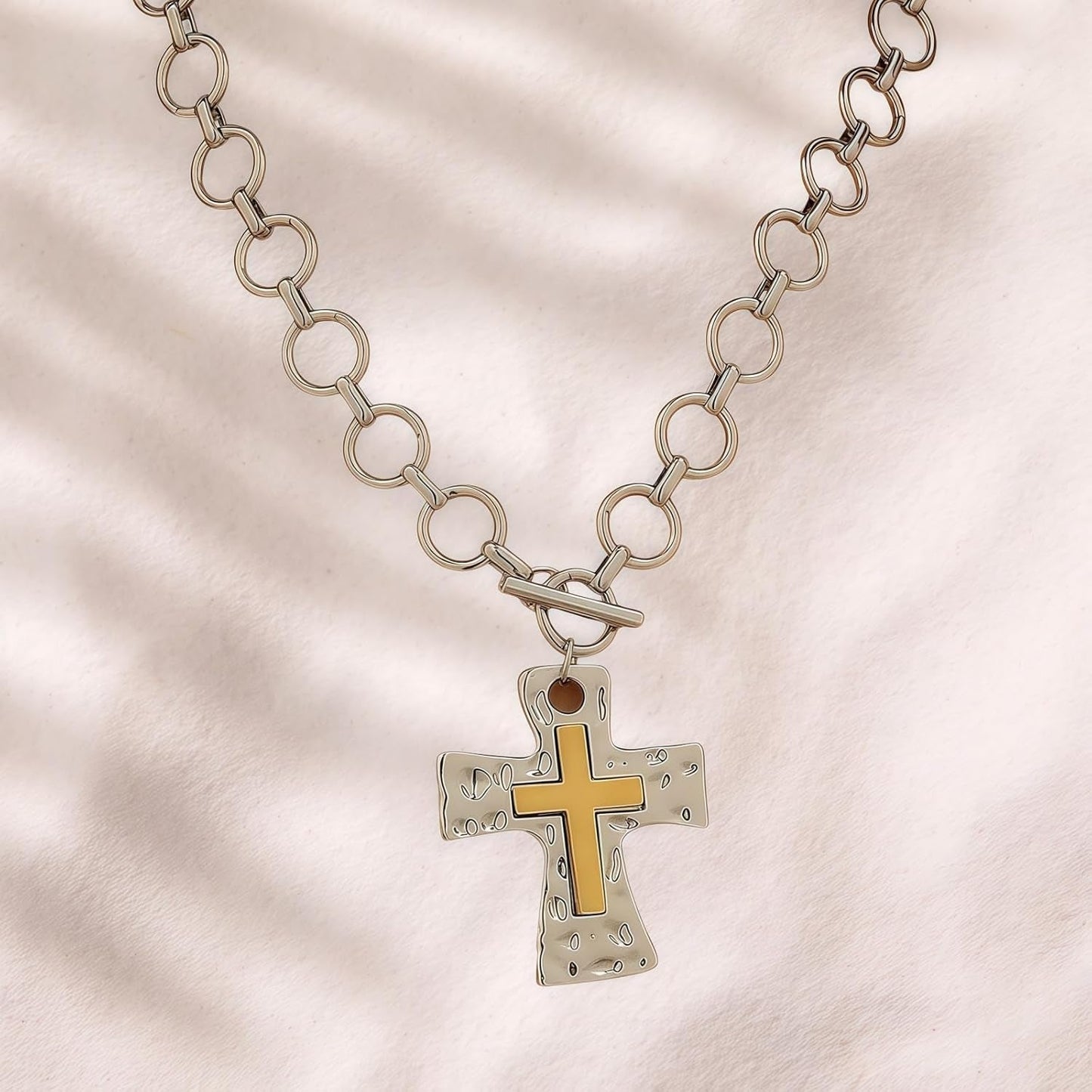 Gold Silver Chunky Cross Necklace for Women Men Layered Hammered Bold Vintage Toggle Clasp Religious Christian Statement Cross Pendant Choker Party Hallowmas Christmas Jewelry Gift