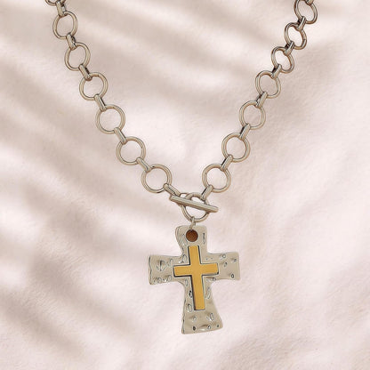 Gold Silver Chunky Cross Necklace for Women Men Layered Hammered Bold Vintage Toggle Clasp Religious Christian Statement Cross Pendant Choker Party Hallowmas Christmas Jewelry Gift
