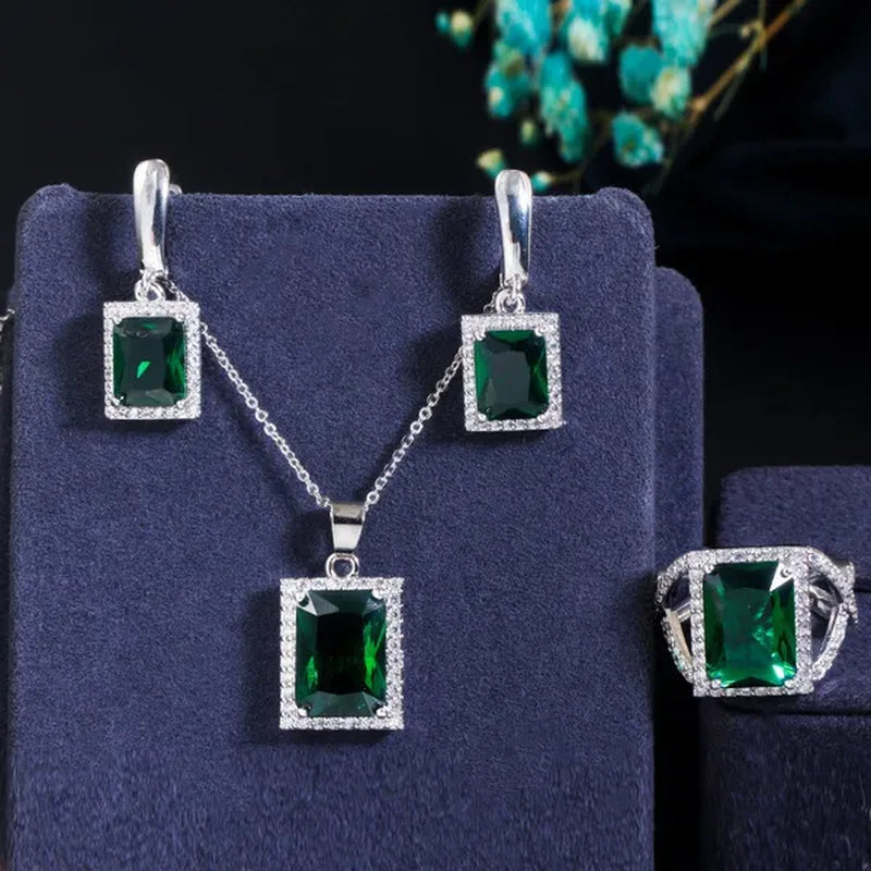 Gloriya Elegant Purple CZ Square Pendant Chain Necklace Earrings and Ring Set Women Fashion Silver Plated Jewellery Sets for Best Gifts
