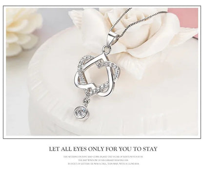 New Fashion 925 Silver  Women Double Heart Diamond Pendant Chain Necklace Jewelry Gifts for Love(Pendant and Chain)