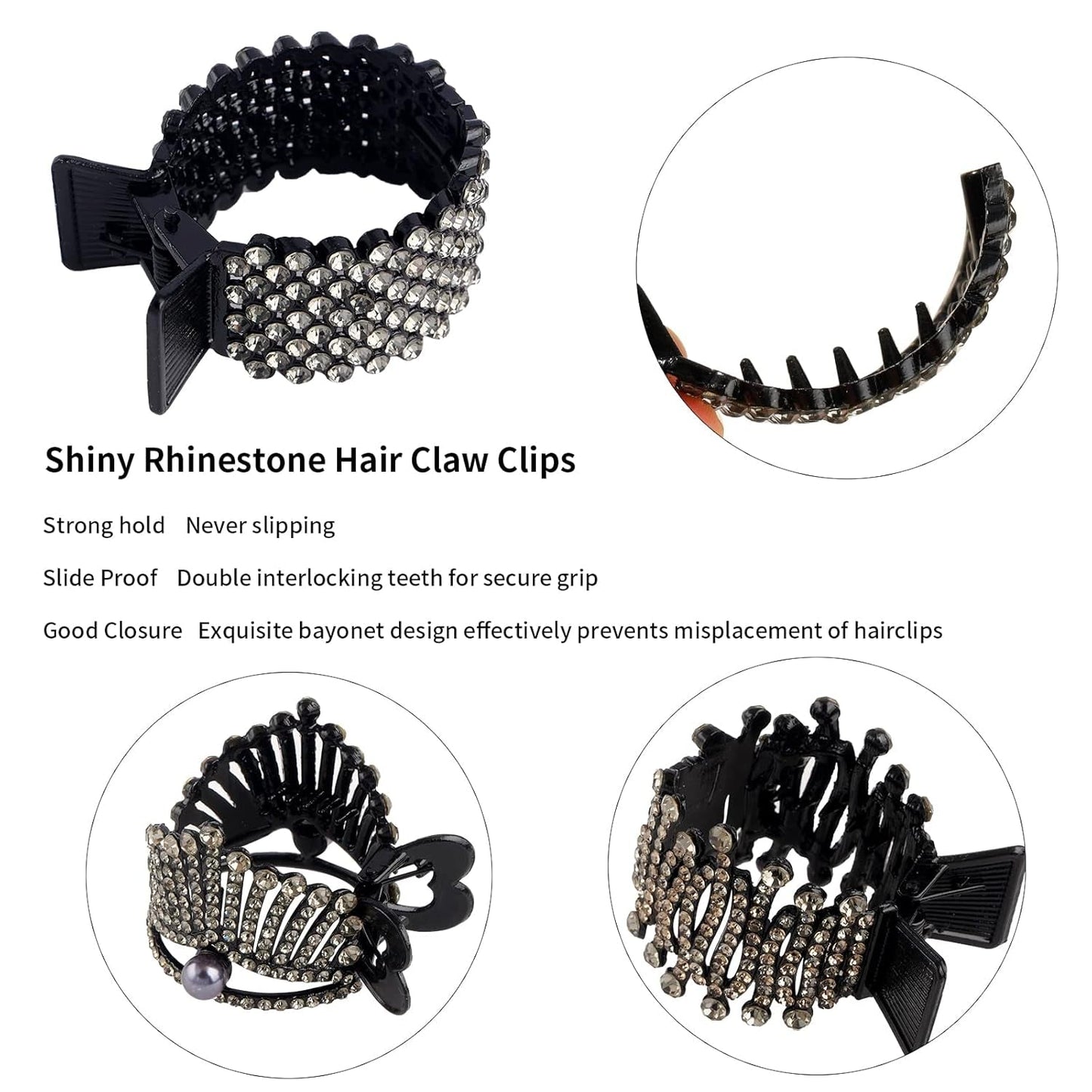 1.77Inch Small Hair Claw Clips for High Ponytail, Rhinestone Shark Hair Clips for Women Thick Long Hair (Black,Pack of 3)