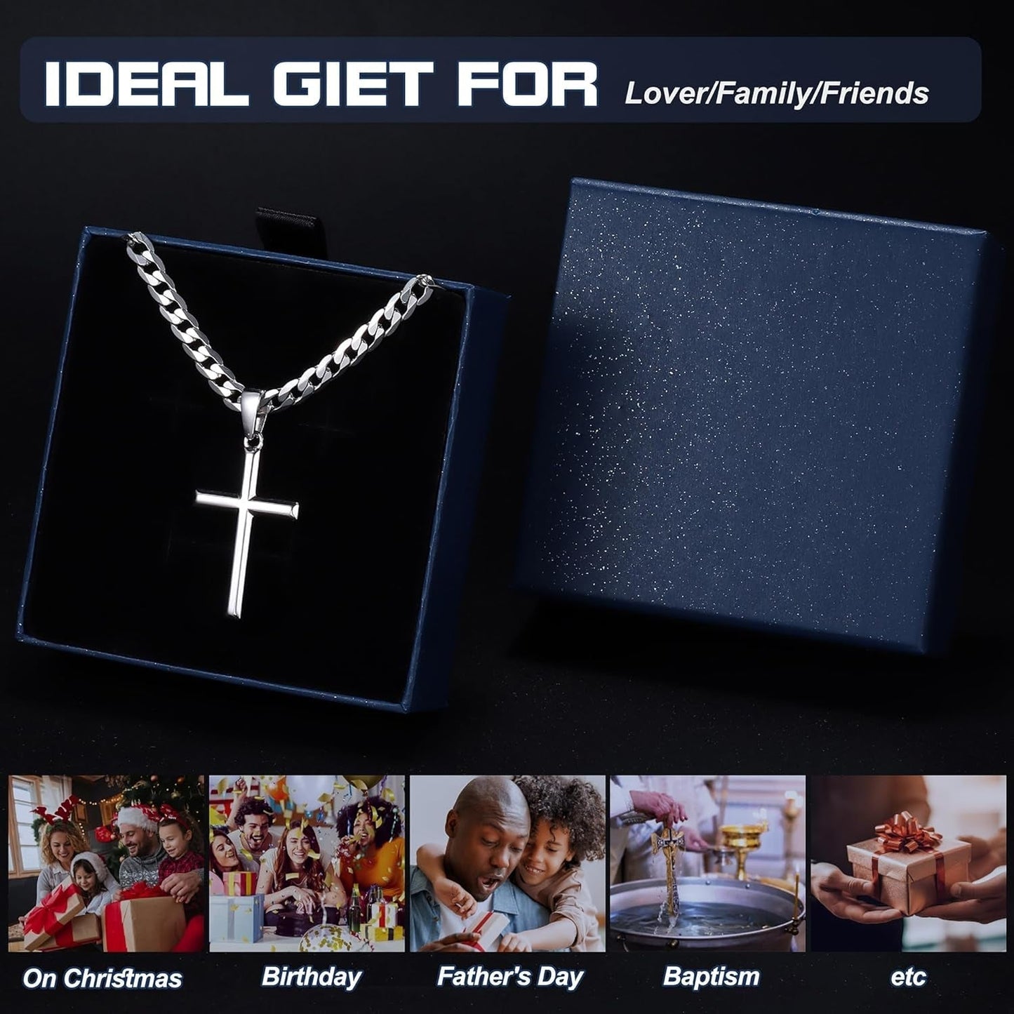 925 Sterling Silver Cross Necklace Beveled Edge for Men Women 5Mm Stainless Steel Non Tarnish Durable Cuban Link Curb Chain Crucifix Pendant Necklace Jewelry 16-30 Inches Christian Baptism Gifts