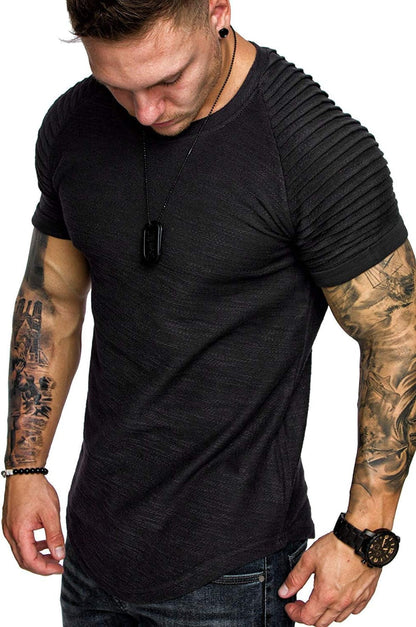 Men'S Muscle T-Shirt Pleated Raglan Sleeve Bodybuilding Gym Tee Short Sleeve Fashion Workout Shirts Hipster Shirt - WORLD TIME VISITS