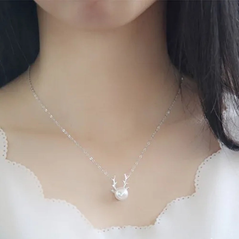 Luxury S925 Sterling Silver Full Diamond Key Star Antlers Pearl Heart Shaped Pendant Necklace Women Fashion Silver Jewelry Lady Personality Pendant Gift for Girl