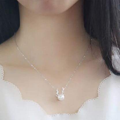 Luxury S925 Sterling Silver Full Diamond Key Star Antlers Pearl Heart Shaped Pendant Necklace Women Fashion Silver Jewelry Lady Personality Pendant Gift for Girl