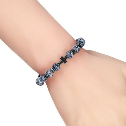 Hot Men Natural Tiger Eye Beads Hematite Cross Bracelets Onyx Meditation Prayer Bead Bracelet Women Stone Yoga Jewelry Homme