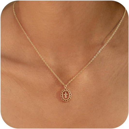 Cross Necklace for Women,Double Cross Necklace Gold Plated Cross Necklaces for Women Trendy Dainty 14K Gold Cross Pendant Necklace Simple Cute Choker Necklace Gold Charm Necklace for Women Jewelry