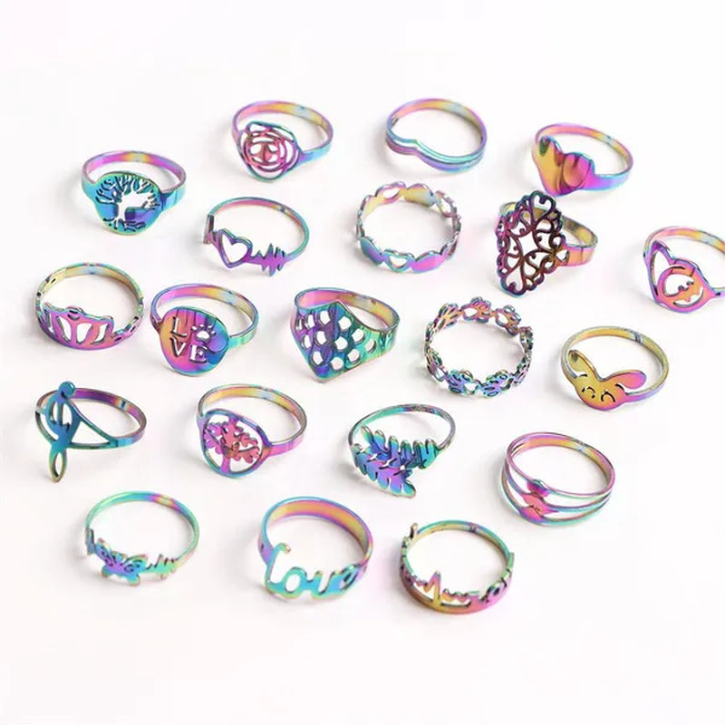 Pack of 20Pieces Womens Fashion Stainless Steel Mix Love Animal Heart Flower Style Diy Jewelry Hand Rings for Party Gifts Not Fade