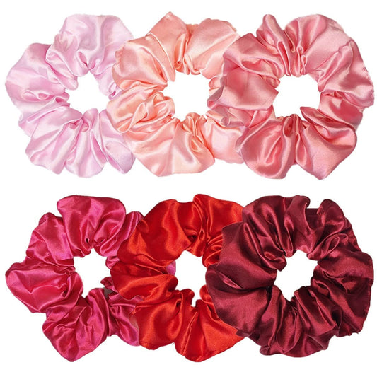 6 Pcs Satin Silk Hair Scrunchies, Soft Hair Ties for Women and Girls, 4.5 Inch Hair Bands and Accessories in Assorted Red and Pink