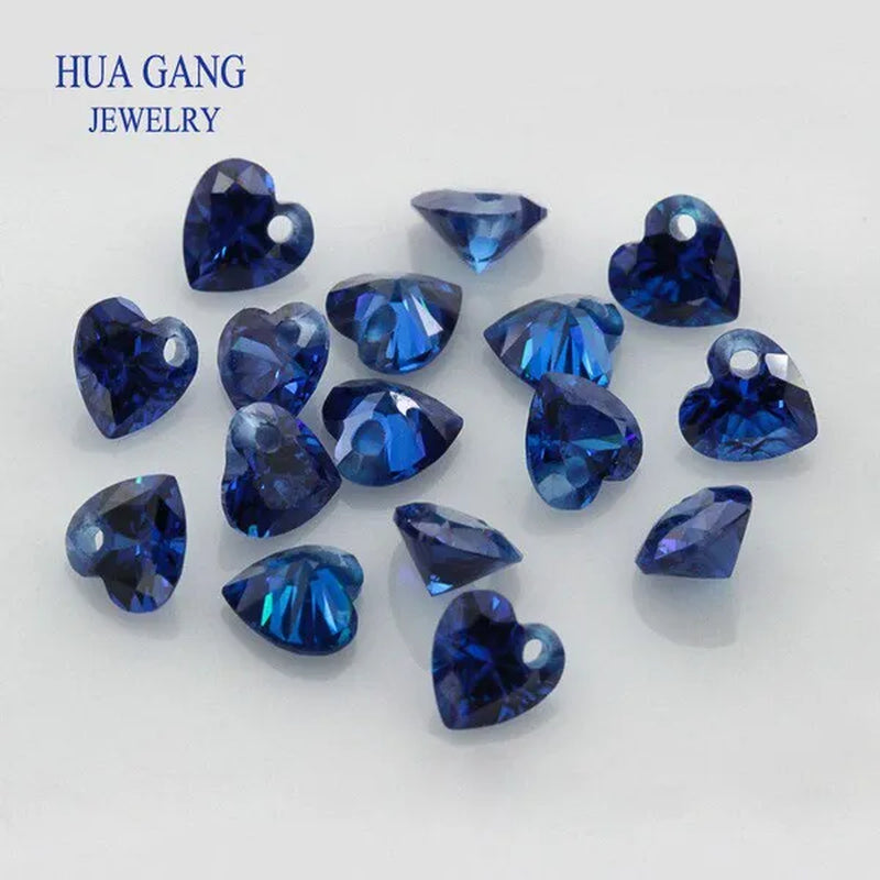 5A Blue Heart Shape Cubic Zirconia with Singlehole Loose CZ Brilliant Cut Loose CZ Stone Synthetic Gems Beads for Jewelry 5X5-10X10Mm