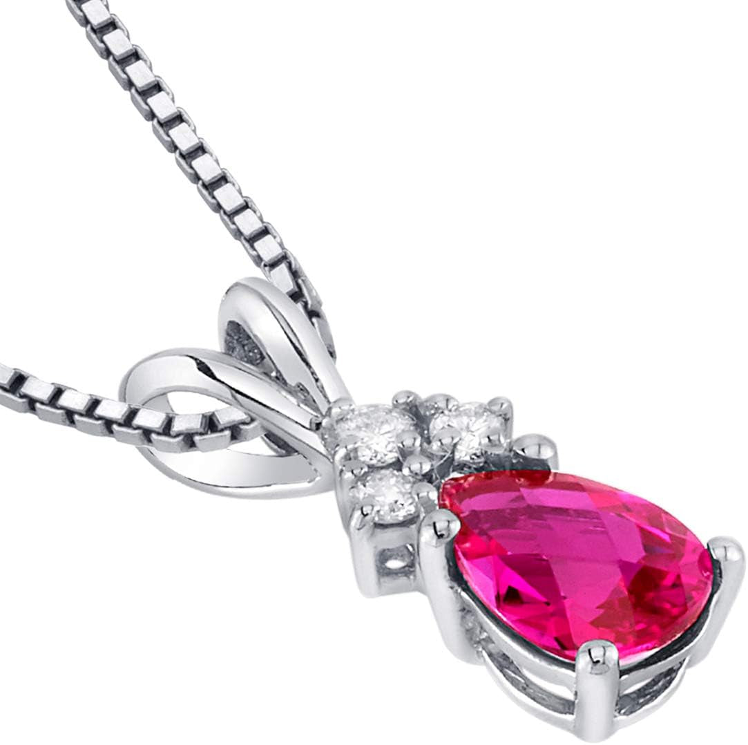 Solid 14K White Gold Created Ruby with Genuine Diamonds Pendant for Women, Dainty Teardrop Solitaire, Pear Shape, 7X5Mm, 1 Carat Total