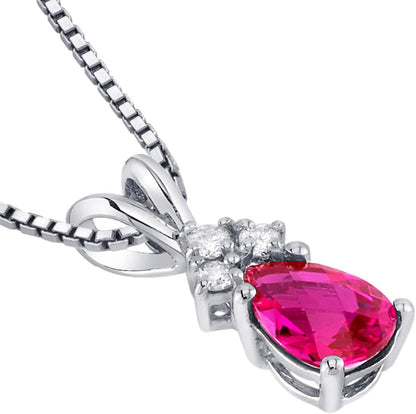 Solid 14K White Gold Created Ruby with Genuine Diamonds Pendant for Women, Dainty Teardrop Solitaire, Pear Shape, 7X5Mm, 1 Carat Total