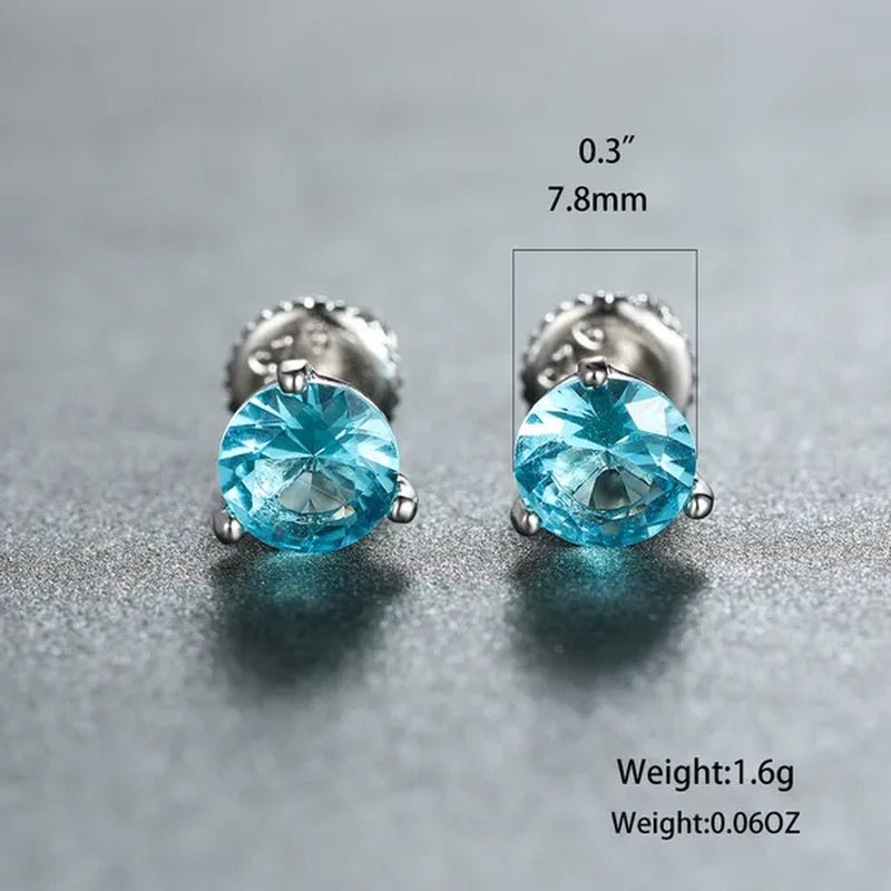 8MM 925 Silver/14K Gold/Rose Gold Round Cut Light Aqua Blue Aquamarine Stud Earrings Round Lab Diamond Screwback Stud Earrings