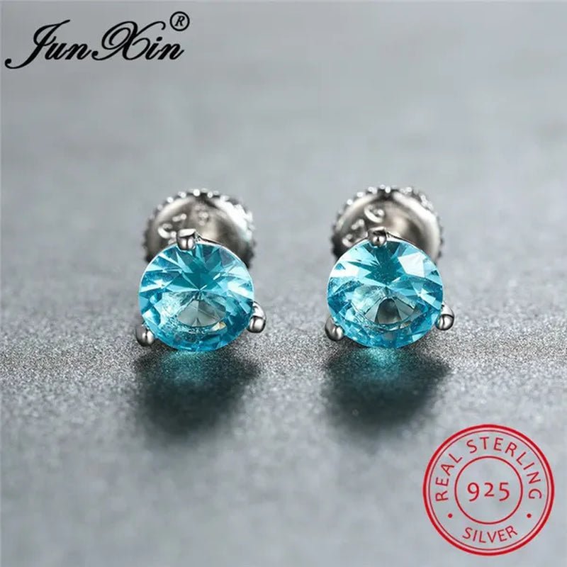 8MM 925 Silver/14K Gold/Rose Gold Round Cut Light Aqua Blue Aquamarine Stud Earrings Round Lab Diamond Screwback Stud Earrings