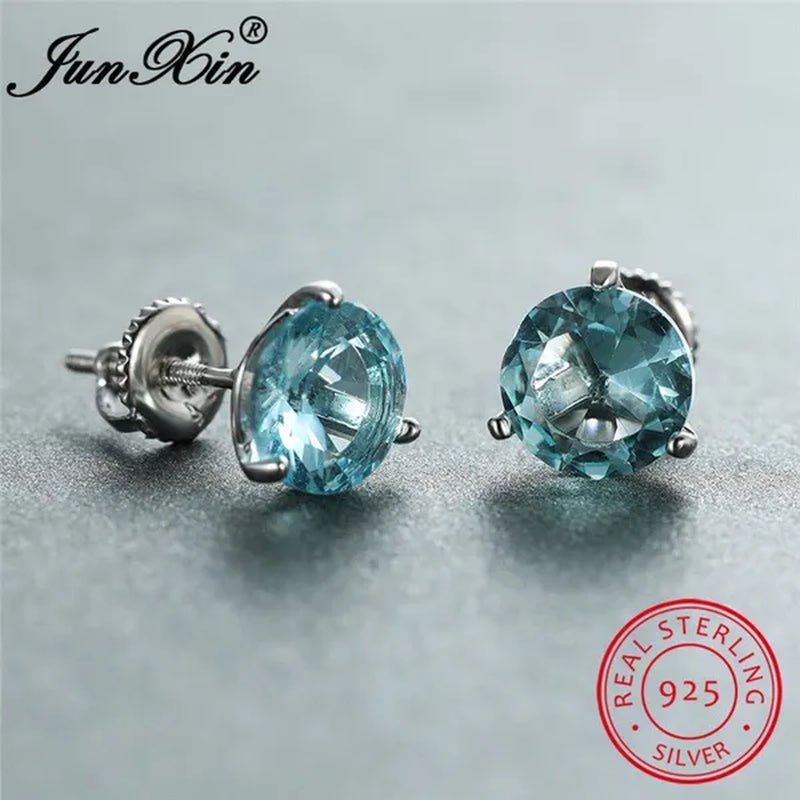 8MM 925 Silver/14K Gold/Rose Gold Round Cut Light Aqua Blue Aquamarine Stud Earrings Round Lab Diamond Screwback Stud Earrings
