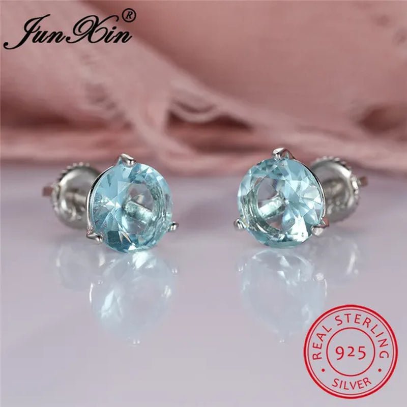 8MM 925 Silver/14K Gold/Rose Gold Round Cut Light Aqua Blue Aquamarine Stud Earrings Round Lab Diamond Screwback Stud Earrings - WORLD TIME VISITS