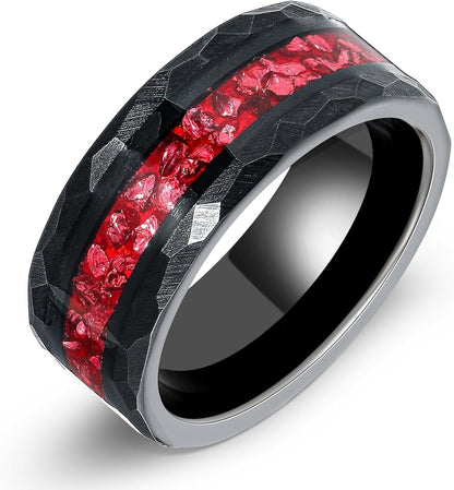 8Mm Black Gold or Rose Gold Plated Tungsten Rings for Men - Eternity Pink/Green/Red Birthstone Mens Tungsten Wedding Bands with Gold Foil Leaf - Unique Gothic Daily Wear Promise Rings for Him - WORLD TIME VISITS