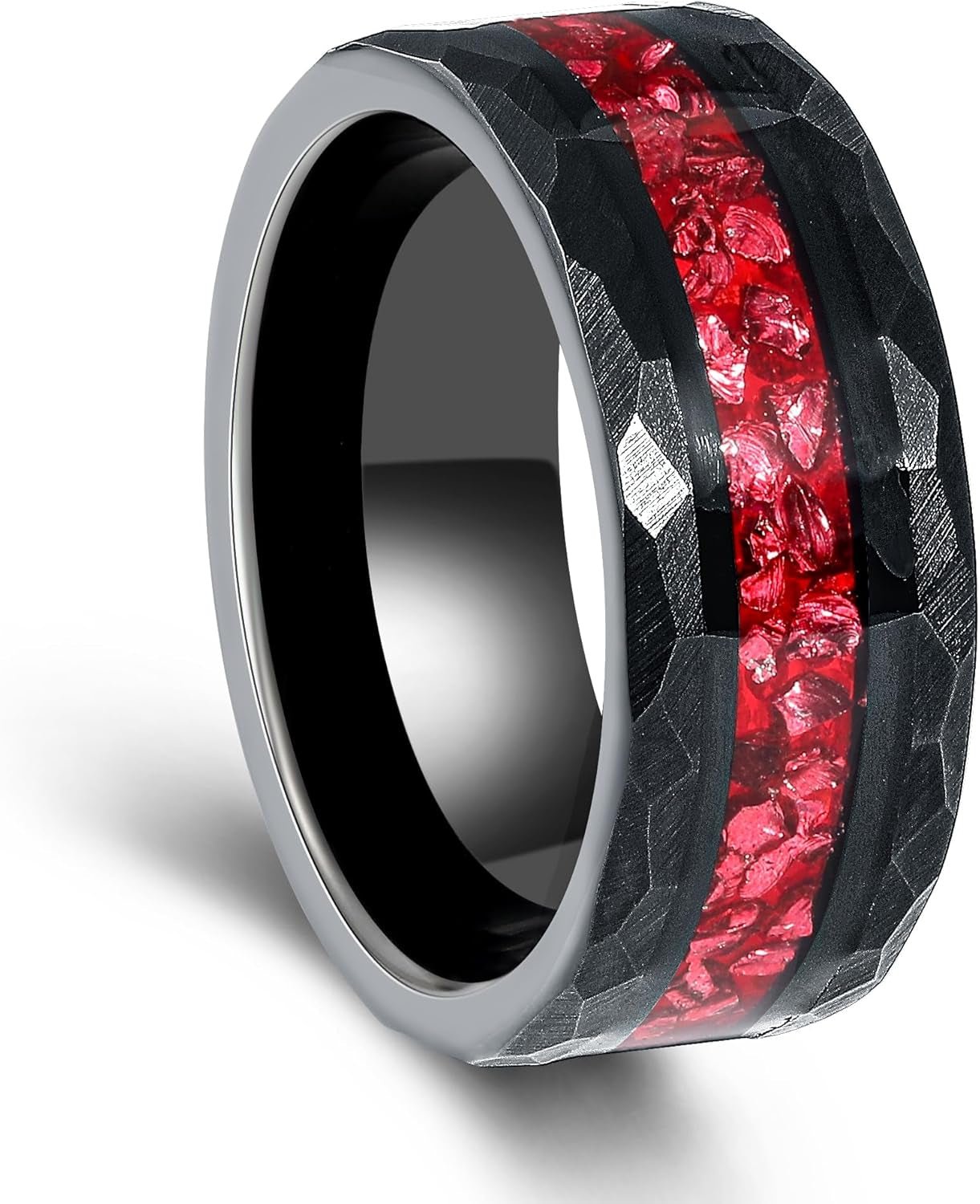 8Mm Black Gold or Rose Gold Plated Tungsten Rings for Men - Eternity Pink/Green/Red Birthstone Mens Tungsten Wedding Bands with Gold Foil Leaf - Unique Gothic Daily Wear Promise Rings for Him