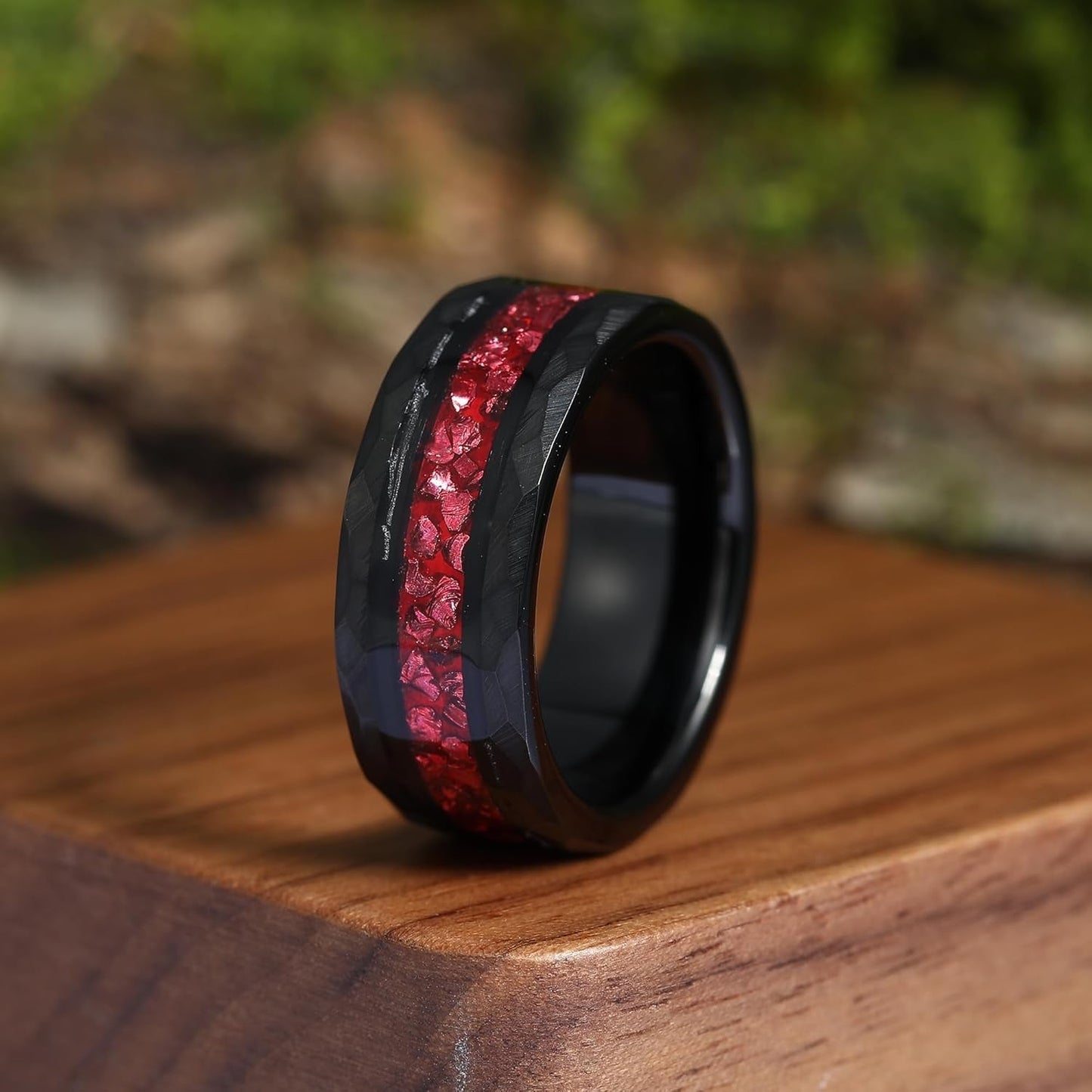 8Mm Black Gold or Rose Gold Plated Tungsten Rings for Men - Eternity Pink/Green/Red Birthstone Mens Tungsten Wedding Bands with Gold Foil Leaf - Unique Gothic Daily Wear Promise Rings for Him