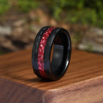 8Mm Black Gold or Rose Gold Plated Tungsten Rings for Men - Eternity Pink/Green/Red Birthstone Mens Tungsten Wedding Bands with Gold Foil Leaf - Unique Gothic Daily Wear Promise Rings for Him