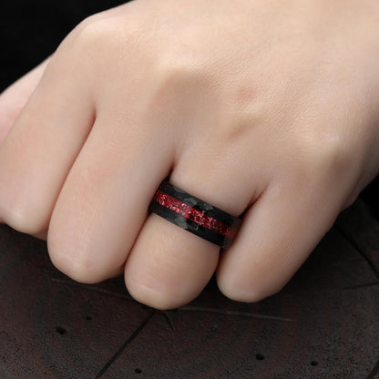 8Mm Black Gold or Rose Gold Plated Tungsten Rings for Men - Eternity Pink/Green/Red Birthstone Mens Tungsten Wedding Bands with Gold Foil Leaf - Unique Gothic Daily Wear Promise Rings for Him