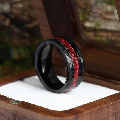8Mm Black Gold or Rose Gold Plated Tungsten Rings for Men - Eternity Pink/Green/Red Birthstone Mens Tungsten Wedding Bands with Gold Foil Leaf - Unique Gothic Daily Wear Promise Rings for Him