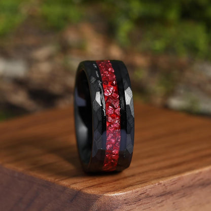 8Mm Black Gold or Rose Gold Plated Tungsten Rings for Men - Eternity Pink/Green/Red Birthstone Mens Tungsten Wedding Bands with Gold Foil Leaf - Unique Gothic Daily Wear Promise Rings for Him