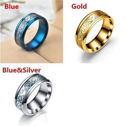 8Mm Blue Black Dragon Pattern Beveled Edges Celtic Rings Tungsten Carbide Ring Jewelry Wedding Band for Men Women 6-13