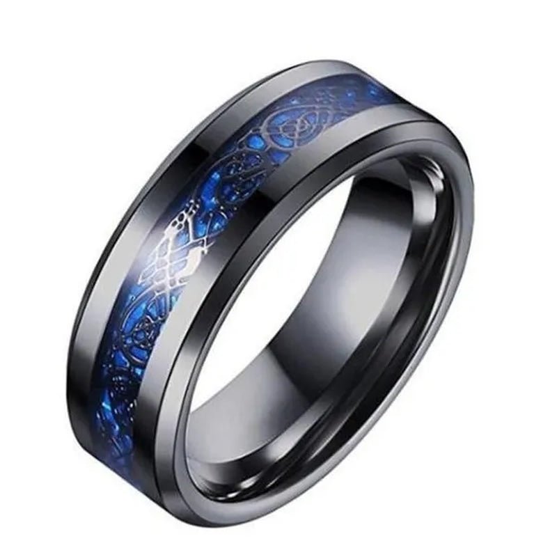 8Mm Blue Black Dragon Pattern Beveled Edges Celtic Rings Tungsten Carbide Ring Jewelry Wedding Band for Men Women 6-13