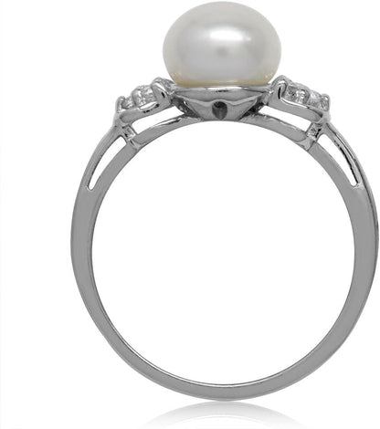 8Mm Cultured Freshwater Pearl White Gold Plated 925 Sterling Silver Ring