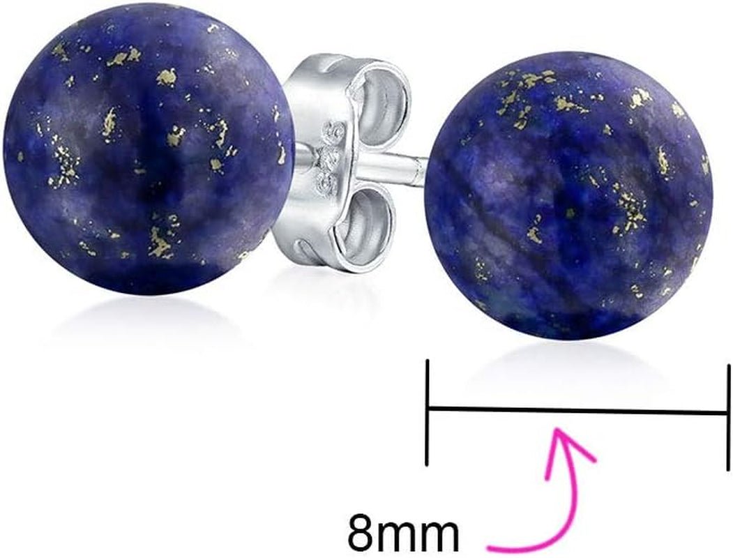 8MM Natural Gemstone round Bead Ball Stud Earrings .925 Sterling Silver for Women Teens -Variety of Birthstones