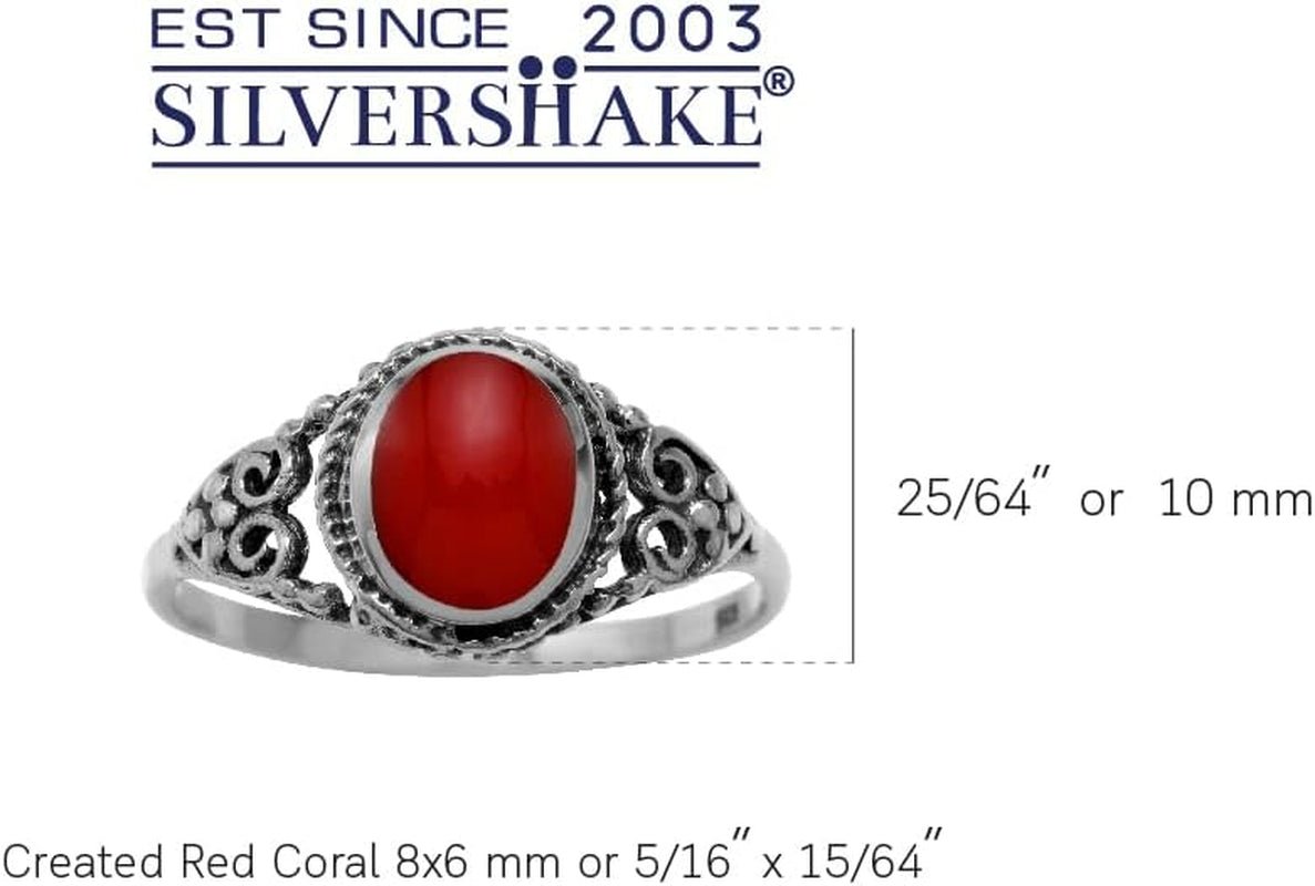 8X6Mm Created Oval Shape Red Coral Inlay 925 Sterling Silver Filigree Victorian Style Ring Gemstone Jewelry Size 8 - WORLD TIME VISITS