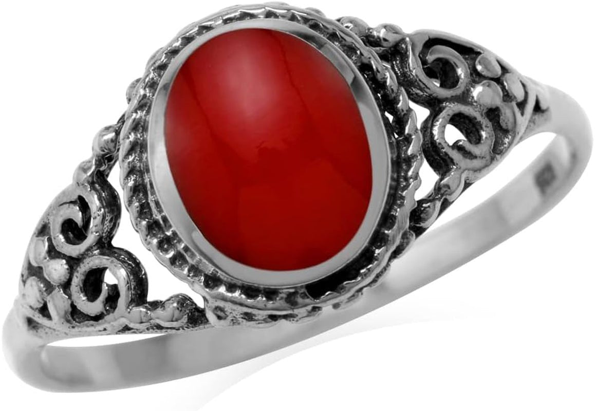 8X6Mm Created Oval Shape Red Coral Inlay 925 Sterling Silver Filigree Victorian Style Ring Gemstone Jewelry Size 8 - WORLD TIME VISITS