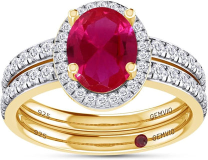 8X6MM Oval Cut Gemstone & Natural White Diamond Halo Bridal Set Engagement Ring in 14K Gold over Sterling Silver Anniversary Wedding Ring (1.40 Cttw) Valentine'S Day Gift for Her - WORLD TIME VISITS