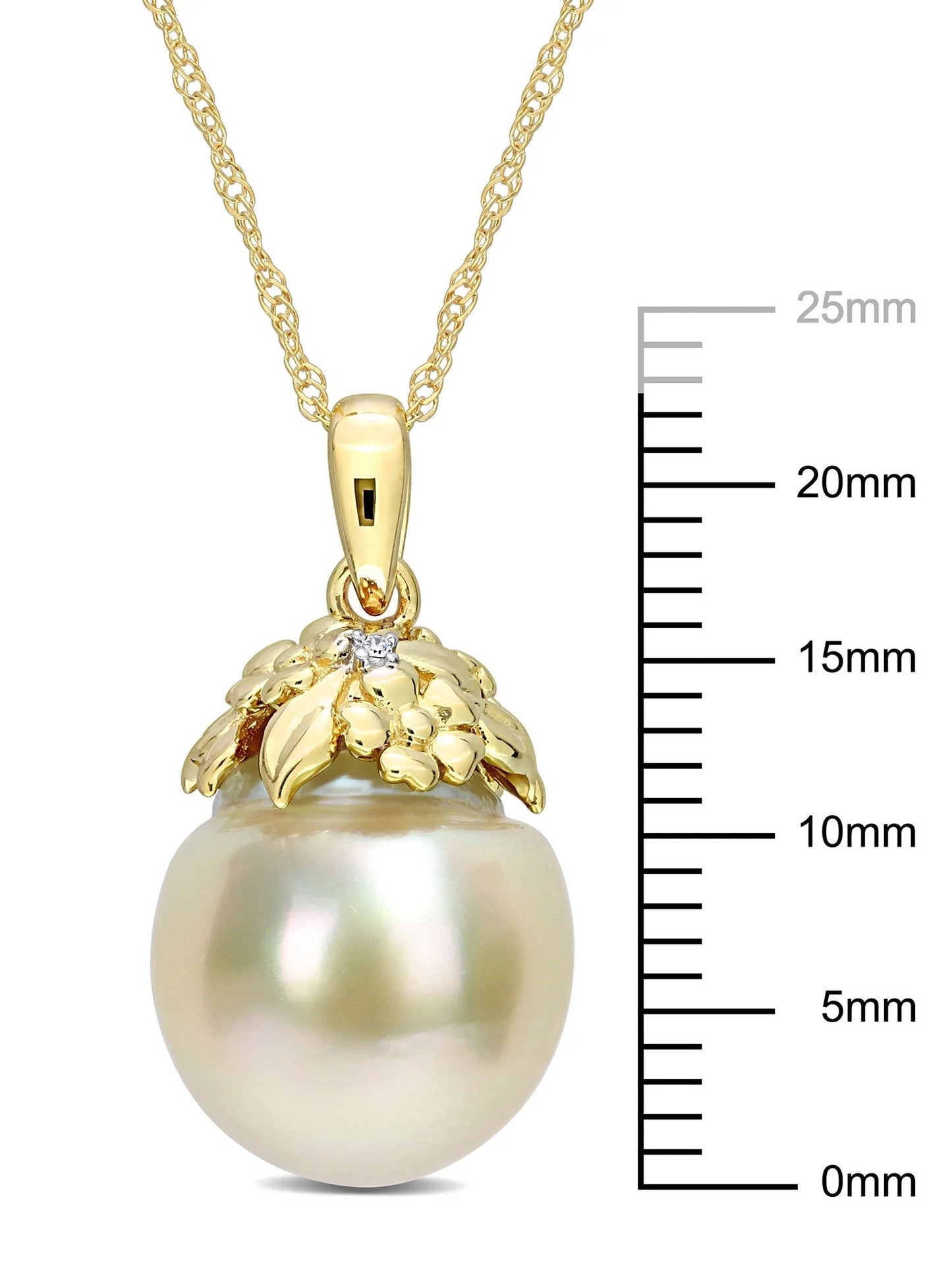 9 - 10Mm Drop South Sea Cultured Freshwater Pearl and Diamond Accent 14Kt Yellow Gold Leaf Crown Drop Pendant with Chain - WORLD TIME VISITS