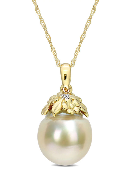 9 - 10Mm Drop South Sea Cultured Freshwater Pearl and Diamond Accent 14Kt Yellow Gold Leaf Crown Drop Pendant with Chain - WORLD TIME VISITS