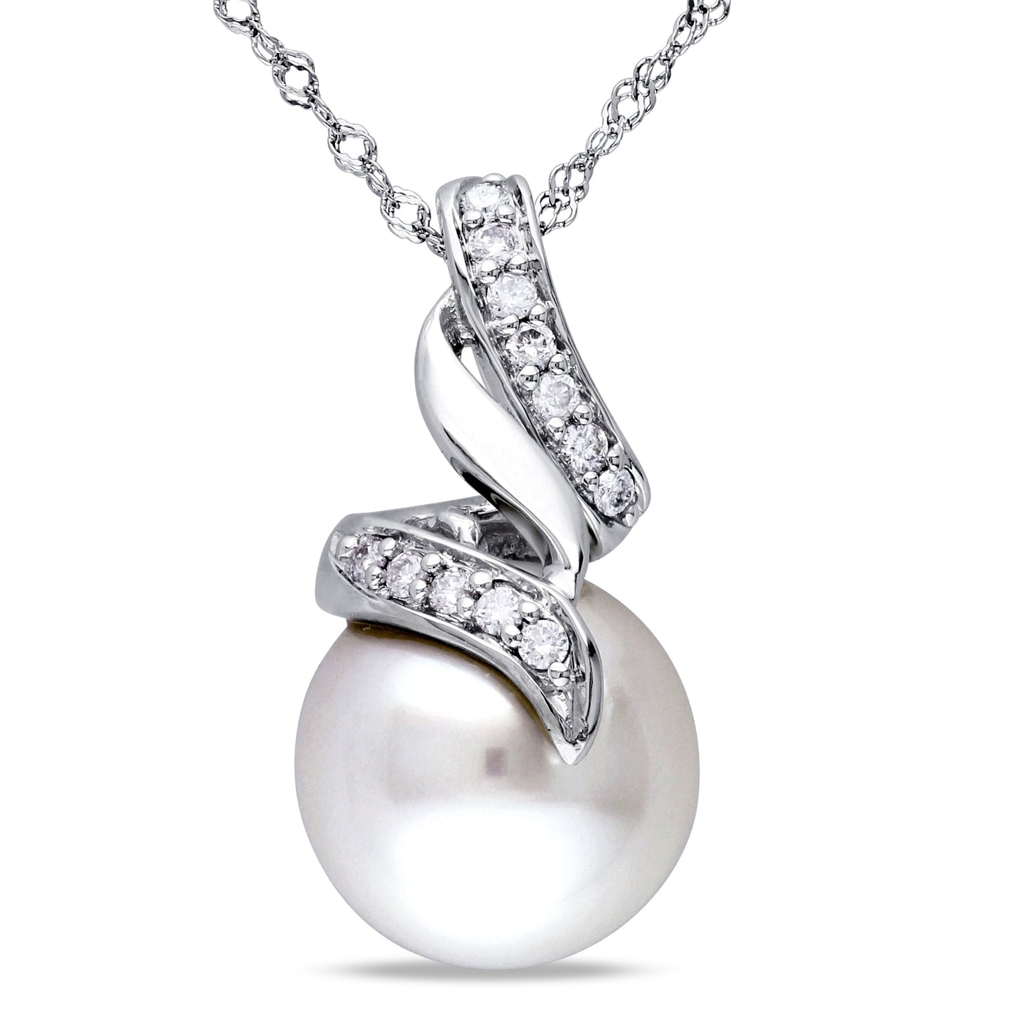 9.5-10Mm South Sea Cultured Pearl and 1/10 Carat T.W. Diamond 14Kt White Gold Drop Pendant, 17