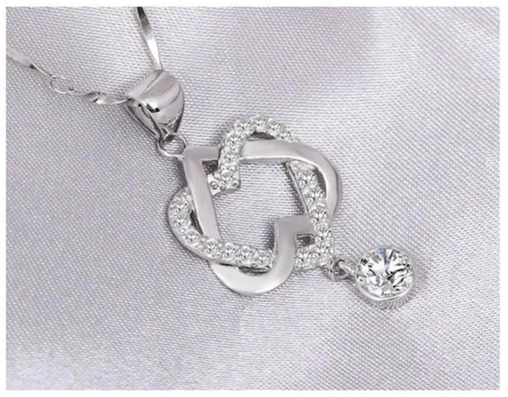 New Fashion 925 Silver  Women Double Heart Diamond Pendant Chain Necklace Jewelry Gifts for Love(Pendant and Chain)