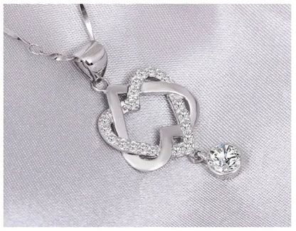 New Fashion 925 Silver  Women Double Heart Diamond Pendant Chain Necklace Jewelry Gifts for Love(Pendant and Chain)