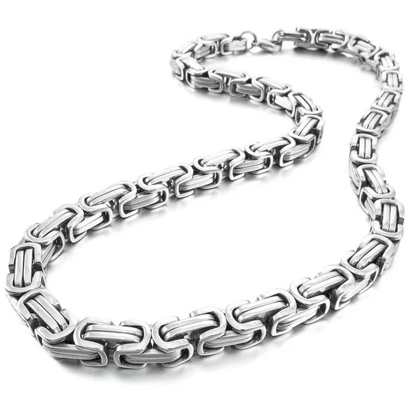 Men's 8mm Wide Stainless Steel Necklace Byzantine Chain Link Silver Tone Biker